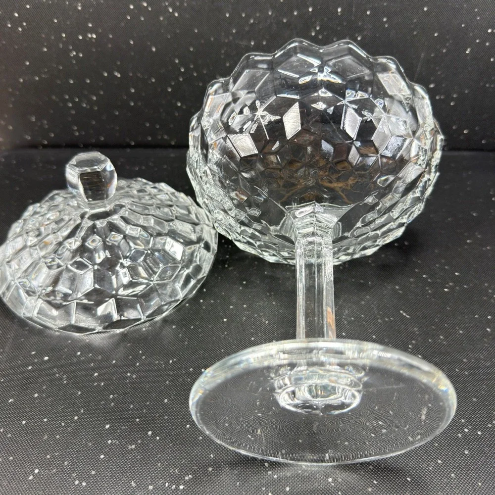 Fostoria American Clear Glass Cubist Pedestal Compote Lidded Candy Dish 9in Tall
